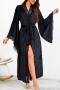 sexy slight stretch velvet lace stitching with belt bathrobe sleepwear_Black