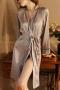 sexy non-stretch 3 colors simulated silk with belt sleepwear_Black_White_Gray
