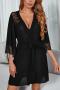 sexy non-stretch chiffon stitching lace with belt sleepwear(only nightgown)_Black