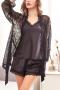 sexy non-stretch satin shorts sets with lace nightgown sleepwear_Black