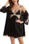 sexy non-stretch simulated silk stitching lace with nightgown padded sleepwear_Black