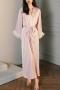 sexy non-stretch satin feather belt maxi nightgown sleepwear_White_Pink