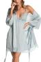 sexy non-stretch satin lace trim with belt two-piece set sleepwear_Black_White_Sky Blue