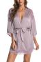 sexy non-stretch satin lace trim with belt two-piece set sleepwear_Black_White_Sky Blue_Light Purple