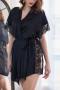 sexy plus size non-stretch satin lace trim slit sleepwear_Black