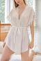 sexy plus size non-stretch satin lace trim slit sleepwear_Black_White
