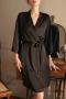 sexy non-stretch simple solid satin nightgown sleepwear size run small_Black