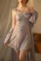 sexy non-stretch sling hollow lace chain decor two-piece sets sleepwear_Black_Light Purple