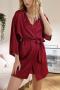 sexy non-stretch solid color simulated silk with belt two-piece set sleepwear_Black_White_Pink_Rose Red