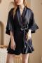 sexy plus size non-stretch 9 colors satin solid color with belt sleepwear_Black