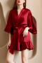 sexy plus size non-stretch 9 colors satin solid color with belt sleepwear_Black_White_Pink_Red_Rose Red