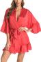 sexy plus size non-stretch 9 colors satin solid color with belt sleepwear_Black_White_Pink_Red