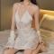 sexy non-stretch lace see-through belt two piece sets sleepwear size run small_Black_White