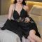sexy non-stretch lace see-through belt two piece sets sleepwear size run small_Black