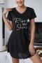 sexy slight stretch letter print high slit mini dress sleepwear_Black