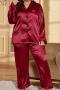casual plus size non-stretch solid loose imitation silk two-piece sets sleepwear_Red