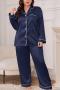 casual plus size non-stretch solid loose imitation silk two-piece sets sleepwear_Red_Dark Blue