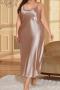 sexy plus size non-stretch solid sling loose simulated silk midi dress_Black_Pink_Red_Green_Dark Blue_Champagne