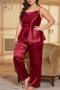 sexy plus size non-stretch solid sling imitation silk two piece set sleepwear_Black_Red