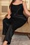 sexy plus size non-stretch solid sling imitation silk two piece set sleepwear_Black