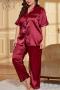 sexy plus size non-stretch solid color short sleeves two piece set sleepwear_Black_Gray_Pink_Red