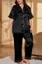 sexy plus size non-stretch solid color short sleeves two piece set sleepwear_Black