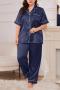 sexy plus size non-stretch solid color short sleeves two piece set sleepwear_Black_Gray_Pink_Red_Green_Dark Blue