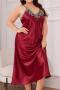 sexy plus size non-stretch sling loose imitation silk midi dress sleepwear_Black_Red