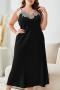 sexy plus size non-stretch sling loose imitation silk midi dress sleepwear_Black