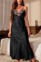 sexy plus size non-stretch sling imitation silk midi dress sleepwear_Black