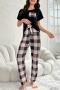slight stretch lattice printing crew neck pants sets loungewear_White_Pink
