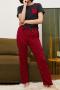 casual slight stretch plaid print short sleeves pants set loungewear_Red