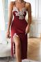 sexy non-stretch lace patchwork sling backless slit midi dress sleepwear_Black_White_Rose Red