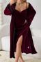 sexy slight stretch lace velvet belt robe & sling slit midi dress sleepwear_Black_Rose Red