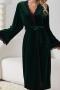 sexy slight stretch lace velvet belt robe & sling slit midi dress sleepwear_Black_Rose Red_Dark Green