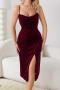 sexy slight stretch velvet sling slit midi dress sleepwear_Black_Rose Red