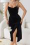 sexy slight stretch velvet sling slit midi dress sleepwear_Black