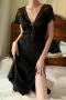 sexy non-stretch lace patchwork high-slit midi dress sleepwear_Black