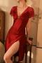 sexy non-stretch lace patchwork high-slit midi dress sleepwear_Black_White_Rose Red