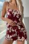 sexy non-stretch sling imitation silk floral print shorts set sleepwear_White_Rose Red