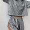 casual plus size slight stretch stripe print slit shorts sets loungewear_Black