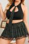 sexy plus size slight stretch lattice hollow two-piece set student costumes_Black_Magenta_Green