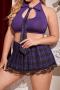 sexy plus size slight stretch lattice hollow two-piece set student costumes_Black_Magenta_Green_Purple