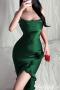 sexy non-stretch cascading ruffle pure color sling slit sleepwear_Black_Light Pink_Rose Red_Dark Green
