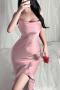 sexy non-stretch cascading ruffle pure color sling slit sleepwear_Black_Light Pink