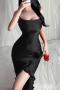 sexy non-stretch cascading ruffle pure color sling slit sleepwear_Black