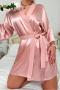 sexy non-stretch 4 colors satin with tassel belt sleepwear_Black_Light Pink