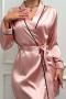 sexy non-stretch satin solid two piece set with belt sleepwear_Black_Light Pink