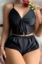 sexy non-stretch sling imitation silk lace-up short sets sleepwear_Black