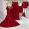 sexy non-stretch embroidered satin four-piece set sleepwear(with a storage bag)_Black_Pink_Red